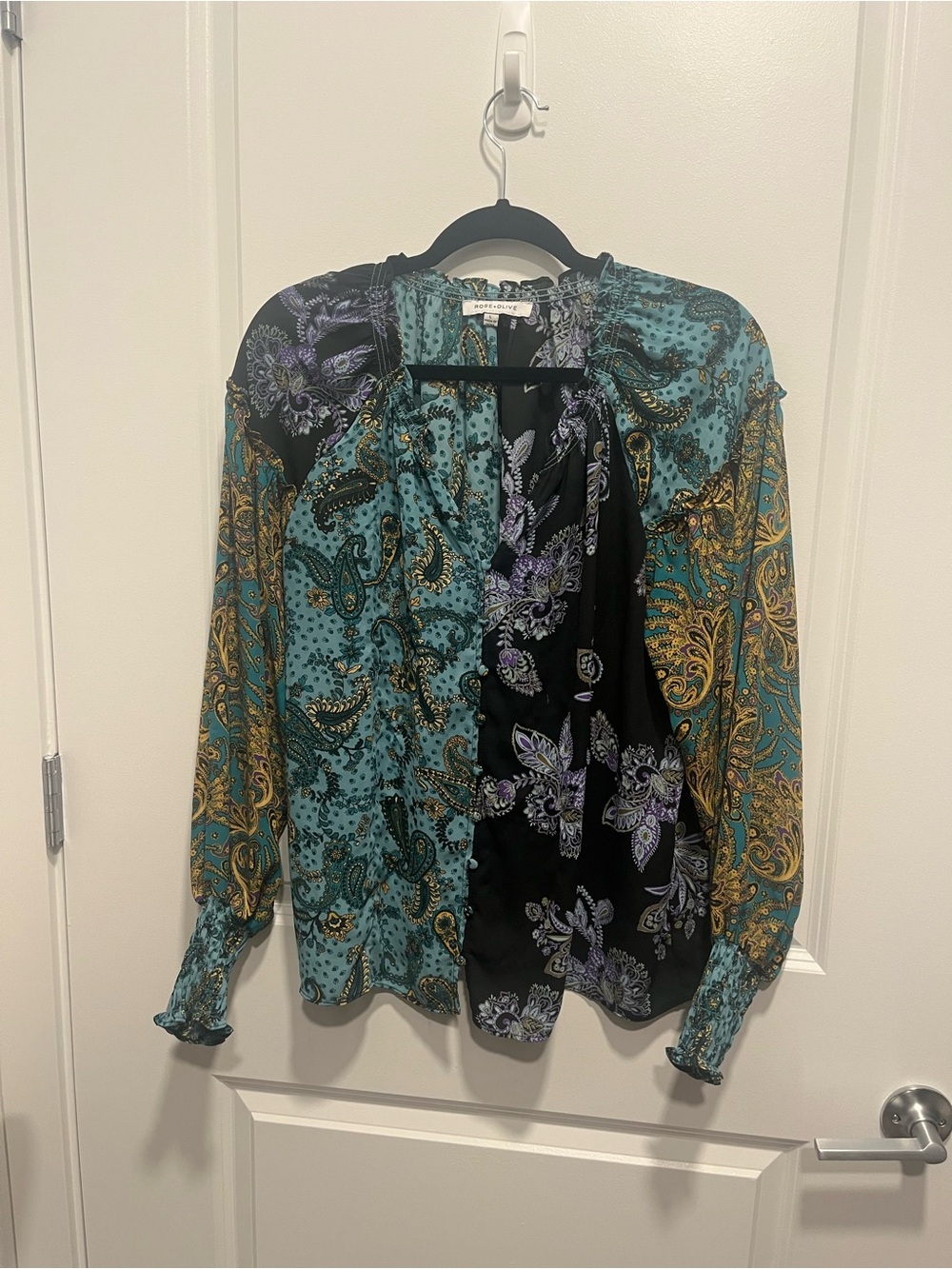 Rose & Olive Teal, Black & Gold Patchwork Paisley Blouse